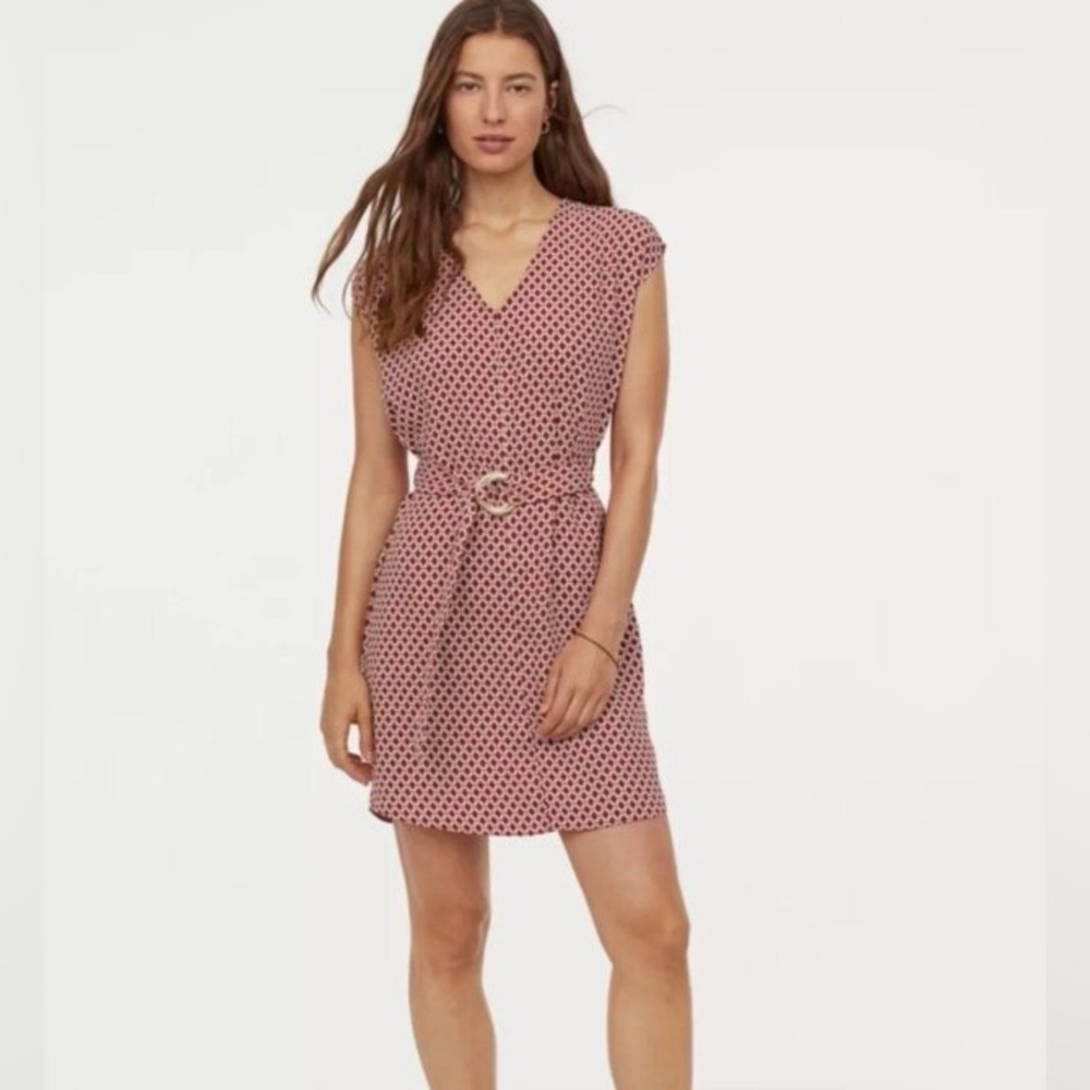 413 H&M Rust Orange Geometric Belted Wrap Dress Size 12 L/XL